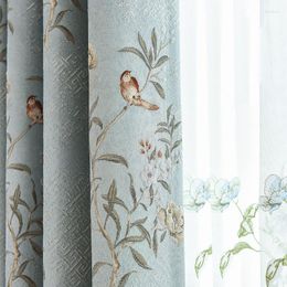 Curtain American Style Pastoral Light Blue /Coffee Jacquard Curtains For Living Room Birds And Leaves Window Drapes Bedroom Kitchen