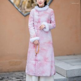 Ethnic Clothing Women Cheongsam Dress Jacket Chinese Style Year Celebration Party Qipao Flower Fleece Cotton 11693