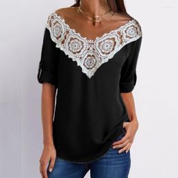 Women's Blouses & Shirts Lace Splicing Vintage Blouse Womens Sexy V Neck Plus Size Tunics Short Sleeve Casual Pullover Work Women Wall22