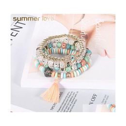 Beaded Strands Adjustable Big Vintage Mtilayer Beads Pearl Bracelets Set Ethnic Style Tassel Hamsa Hand Bangles For Women Drop Deli Dhdfc