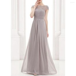 Casual Dresses Elegant Slim Lace Long Gray Party Dress Wedding Bridesmaids Maxi Vintage Short Sleeve Chiffon Summer