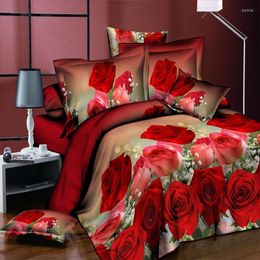 Bedding Sets 4Pcs Set Red Printing Flower Home Textile Grinding 3D Sheets Active And Dyeing Bedspread Oversized Down Quilt Soft