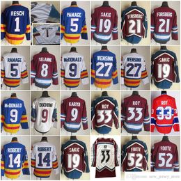 1972-1999 Film Retro CCM Hockey Trikot Stickerei 33 Patrick Roy 52 Adam Foote 9 Lanny McDonald 8 Teemu Selanne 14 Rene Robert 19 Joe Sakic 21 Peter Forsberg Trikots