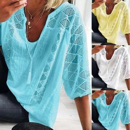 Women's Blouses & Shirts Womens Workout Shirt Solid Colour Lace Stitching U Outdoor Cotton Tee Short Sleeve Scoop NeckWomen's
