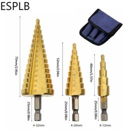 Professional Drill Bits 3pcs Step (4-12/4-20/4-32mm) HSS Steel Titanium Coated Straight Flute With 1/4 Hex Triangle Shank Centre Hole Cutter