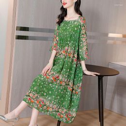 Casual Dresses Heavyweight Silk Dress Women 2023 Summer O Neck Three Quarter Sleeve Mulberry Medium Length Female Tops