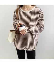 Womens Hoodies Sweatshirts spring and autumn Korean version casual lazy style pullover striped sweater womens loose top coat 230208