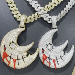 Gold Silver Colors Mens Bling HipHop Jewelry Bling CZ Iced Out Large Moon Pendant Necklace for Men Women with Cuban Chain