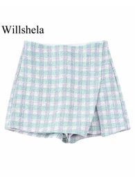 Women's Shorts Willshela Women Fashion Texture Plaid Side Zipper Skirts Vintage High Waist Female Chic Lady Y2302