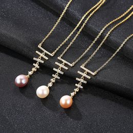 18k gold-plated freshwater pearl pendant necklace women Jewellery shiny zircon fishbone necklace fashion accessories