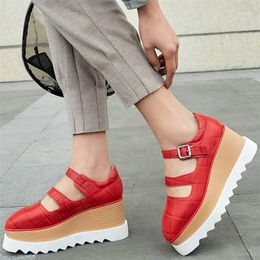 Dress Shoes 2023 Women Genuine Leather Fashion Sneakers Wedges High Heel Pumps Female Square Toe Cut Out Mary Jane Casual