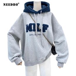 Womens Hoodies Sweatshirts NEEDBO MILF Hoodies Womens Sweatshirts Letter Print Lamb Wool Pullovers Loose Korean Style Jacket Full Sleeve Casual Tops 230207