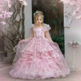 Girl Dresses FATAPAESE Embroidered Pink Cosmos Wild Organza Flowers Floral Dress Mesh Skirt Lace Up Criss-cross Back Wedding Party Gown