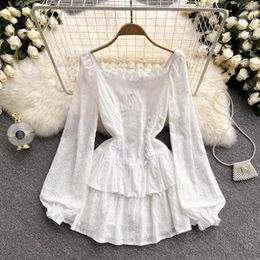 Casual Dresses ZCWXM Spring Ins Square Neck White Puffy Dress Women Long Puff Sleeve Chic Hook Flower Hollowed Slim Mini Beach