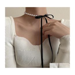 Chokers Choker Necklaces Pendants Sweet Black Veet Bow Double Necklace Simple Bowknot Plush Pearl Clavicle Chain Collar For Women La Dhh38