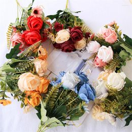 Decorative Flowers Silk Rose Artificial Flower Long Branch Bouquet Romantic Wedding Home Wreath Decoration Fake Valentine Day Gifts