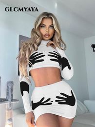 Two Piece Dress GLCMYAYA Sexy Women Hand 3d Printed Bodycon Midi Mini Skirt Suit and Long Sleeve Crop Tee Top 2023 2 Set Outfits 230208