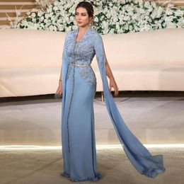 2023 Mother of the Bride Dresses Light Blue Moroccan Caftan V Neck Sheath Muslim Wedding Guest Gowns Crystal Beads Elegant Arabic Dubai Formal Dress Long Sleeves