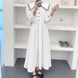 Casual Dresses Elegant Contrast Colour Embroider Sailor Collar Woman Dress High Waist Patchwork Loose Long Sleeve Robe 2023 Fall Korean Vesti