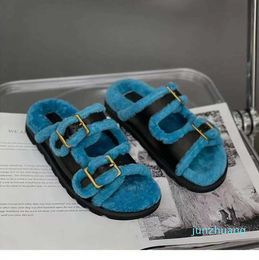 High Quality Winter Fur Furry Slippers Women Outdoor Wear Thick Soft Metal Buckle Sole Women's Shoes 0207 994