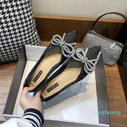 Spring new pointy single shoes for women with flat bottom raised satin bowknot rhinestone soft shoes 6816