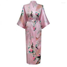 Women's Sleepwear Pink Chinese Ladies' Satin Bath Robe Women Summer Casual Nightgown Kimono Yukata Gown Print Flower NR147