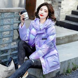 Women's Trench Coats Colorful Glossy Women Parkas Hooded Thick Big Pockets Down Cotton Coat 2023 Winter Light Purple Oversize Puffer Jacket