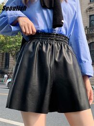 Women's Shorts Seoulish Faux PU Leather 2022 New High Waist Lace Up Elegant Black Short Trousers Pocket Female Autumn Winter Y2302