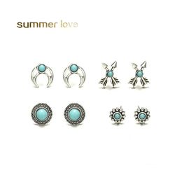 Hoop Huggie Vintage Sier Turquoise Crescent Arrow Statement Earrings Set 4Pcs/Set Bohemian Cross Shape Stud Earring Promotioal Jew Dhkbd