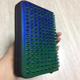 New fashion men brand designer wallet leather zipper long wallet luxury leather clip folder men top quality Money Purse rivets wal304n