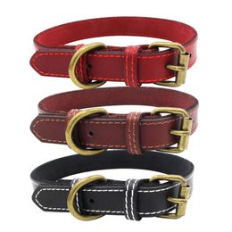 Dog Collars & Leashes Adjustable Genuine Leather Dogs Cats Collar Soft Pet With Copper Buckle Red Brown Black For Medium Small