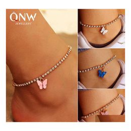 Anklets European Creative Shiny Rhinestones Anklet Ins Winds Simple Butterfly Pendant Decorated Female Foot Tide Beach Chain Drop De Dhgyo