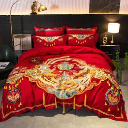 Bedding Sets Luxury Golden Exquisite Embroidery Craft Red Wedding Satin Egyptian Cotton Set Quilt Cover Quilted Bedspread Bed Linen