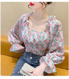 Women's Blouses 2023 Summer Korea Style Women Short Sleeve Floral Blouse Backless Bowknot Design Tops Female Ruffles Square Collar
