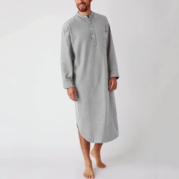 Men's Robes INCERUN Cotton Men's Sleep Robes Solid Color Long Sleeve Nightgown O Neck Leisure Mens Bathrobes Comfort Homewear Plus Size 230207