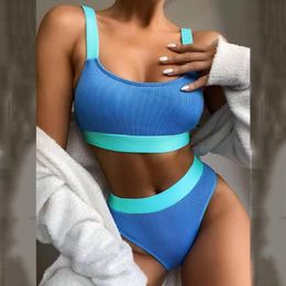 Women's Swimwear Women Bikinis Swimsuits Padded Bra High Waist Briefs Colour Block Ribbed Bikini Set Summer Beachwear Sports Bathing Suits