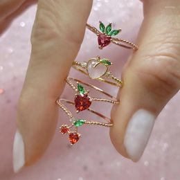 Cluster Rings Summer Strawberry Peach Cherry Grape Zircon For Women Cute Colourful Sweet Girls Gold Colour Fruit Ring