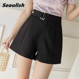 Women's Shorts Seoulish 2021 New Button Formal High Waist Office Casual Solid Workwear Female Wide Leg Spring Summer Y2302