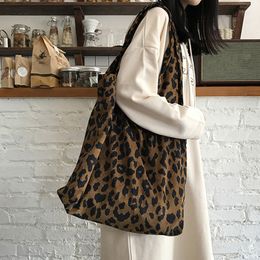 Evening Bags Corduroy Leopard Print Ladies Shoulder Casual Tote Shopping Large Capacity Handbags Women 221205