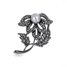 Brooches Vintage Brooch Black Rose Flower Pearl For Women Elegant Tulip Bouquet Pins Wedding Party Badge Jewellery