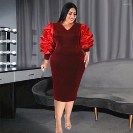 Plus Size Dresses Party Women Night Elegant Bodycon Puff Sleeve Shiny Robes Red Midi V Neck Xshape Event Christmas Vestidos 4XL