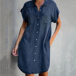 Casual Dresses Summer Fashion Solid Turn Down Neck Blue Denim Shirt Dress Women's Short Sleeve Pockets Single-breasted