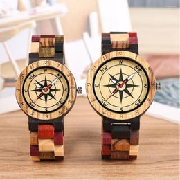 Wristwatches Lovers Watch Couple Gifts Creative Mixed Color Compass Design Wood Clock Male Full Wooden Bangle Quartz Analog Wristwatch