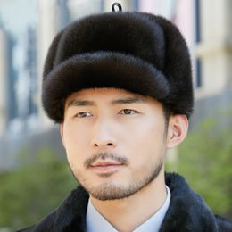 Men's Real Mink Fur Hat Whole Full Fur Hat Headgear Peaked CapTop Hat Warm Ski Cap