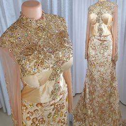 2023 Arabic Aso Ebi Gold Mermaid Prom Dresses Lace Beaded Sparkly Evening Formal Party Second Reception Birthday Engagement Gowns Dress ZJ844