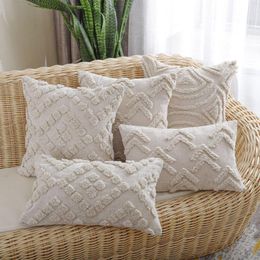 Pillow Boho Tufted Cover Chenille Beige Geometric Embroidered Pillowcase Home Sofa Chair Bay Window Decor Case