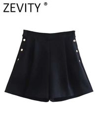 Women's Shorts ZEVITY Women Fashion Side Buttons Design Black Bermuda Lady High Waist Zipper Hot Chic Pantalone Cortos QUN701 Y2302