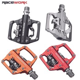 Bike Pedals RACEWORK MTB bicycle pedal self-locking flat dual-purpose pedal CNC aluminum alloy DU bearing SPD cycling pedal 0208