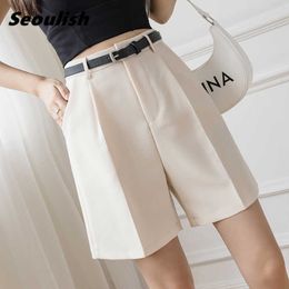 Women's Shorts Seoulish New 2022 Summer with Belted High Waist Office Wide Leg Female Elegant Loose Trousers Lady Pocket Y2302