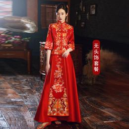 Ethnic Clothing Traditional Retro Chinese High Quality Flower Embroidery Bride Groom Wedding Dress Satin Half Sleeve Marry Cheongsam